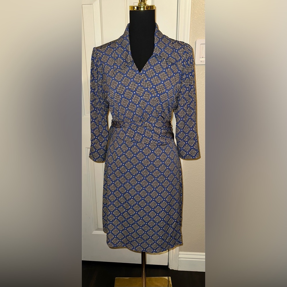 Laundry by Shelli Segal Geometric Wrap Dress Blue Black White Tan L